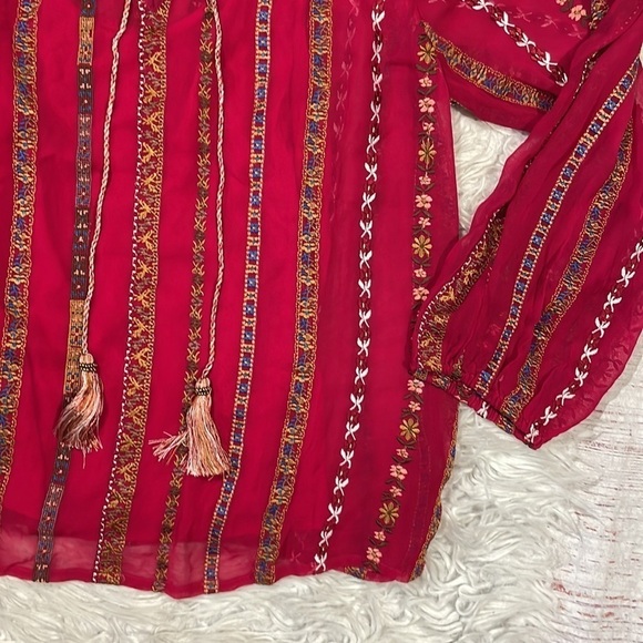 NWT Sundance Red Embroidered Tassel Tie Peasant Blouse Petite - Picture 9 of 11